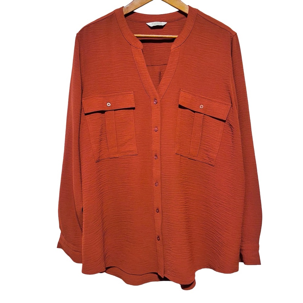 Rust Terracotta Button Front Utility Blouse Oversized Relaxed XXL Fall